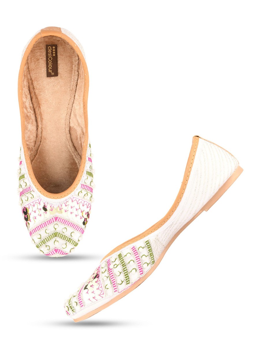 Others Desi Colour | Women'S White Multiline Indian Ethnic Comfort Footwear - Desi Colour Multi Color