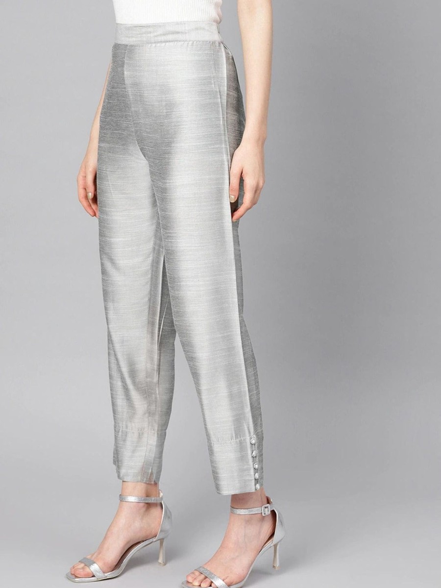 Women Varanga | Women'S Grey Straight Fit Solid Silk Cropped Regular Trousers - Varanga