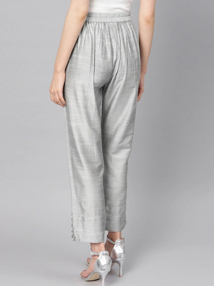 Women Varanga | Women'S Grey Straight Fit Solid Silk Cropped Regular Trousers - Varanga