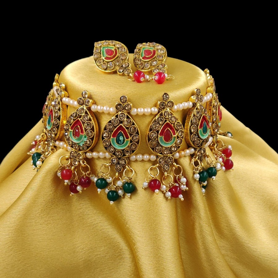 Jewellery Zaffre Collections | Women'S Trendy Multicolor Choker Set With Maang Tikka - Zaffre Collections Multi Color