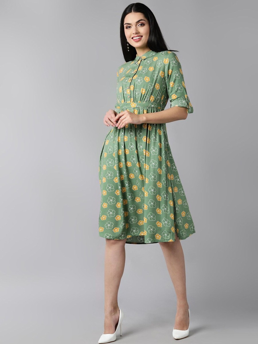 Women Ahika | Women'S Cotton Floral Printed Dress - Ahika Green