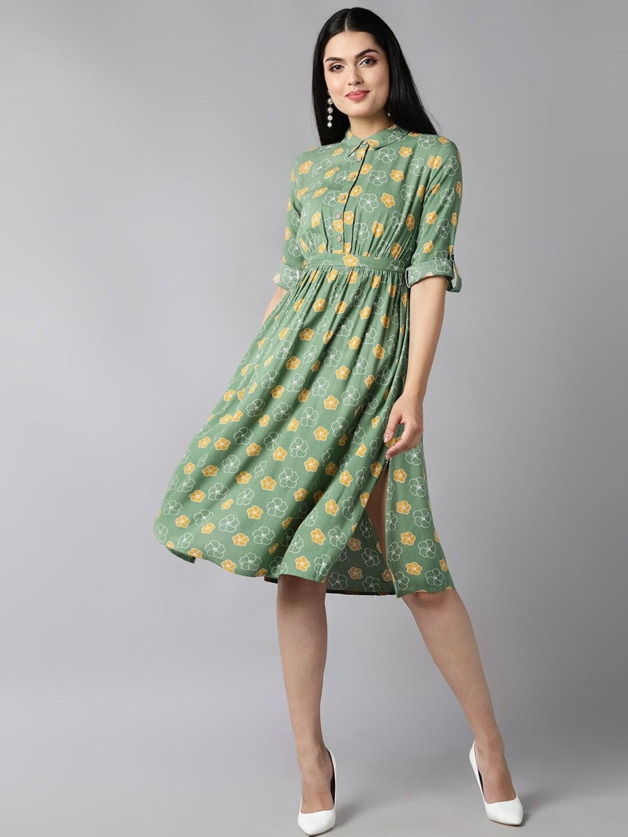 Women Ahika | Women'S Cotton Floral Printed Dress - Ahika Green