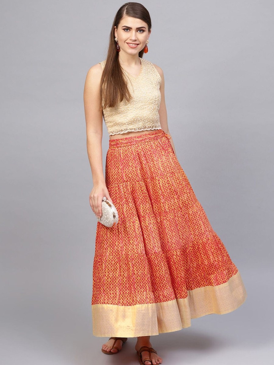 Women Varanga | Women'S Rust And Mustard Printed Flared Long Skirt - Varanga