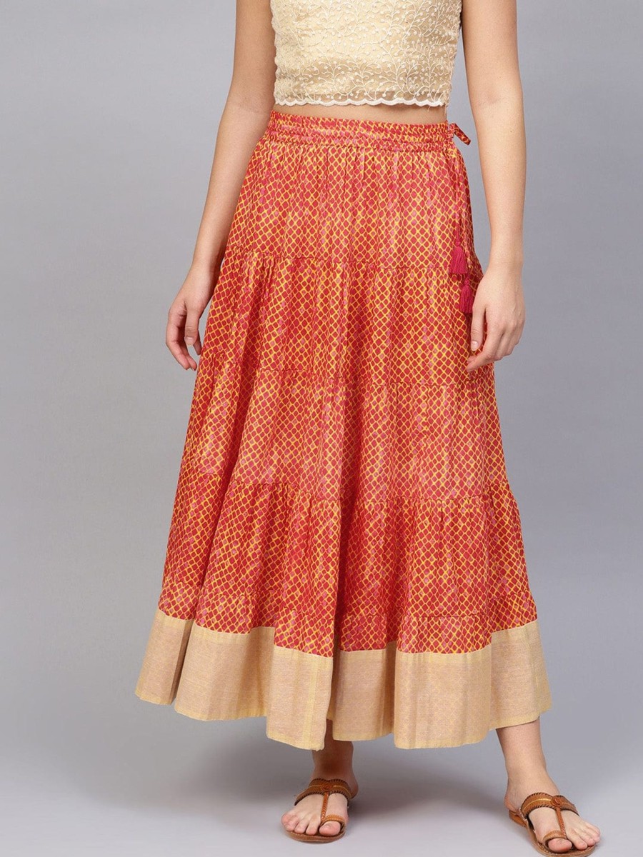 Women Varanga | Women'S Rust And Mustard Printed Flared Long Skirt - Varanga