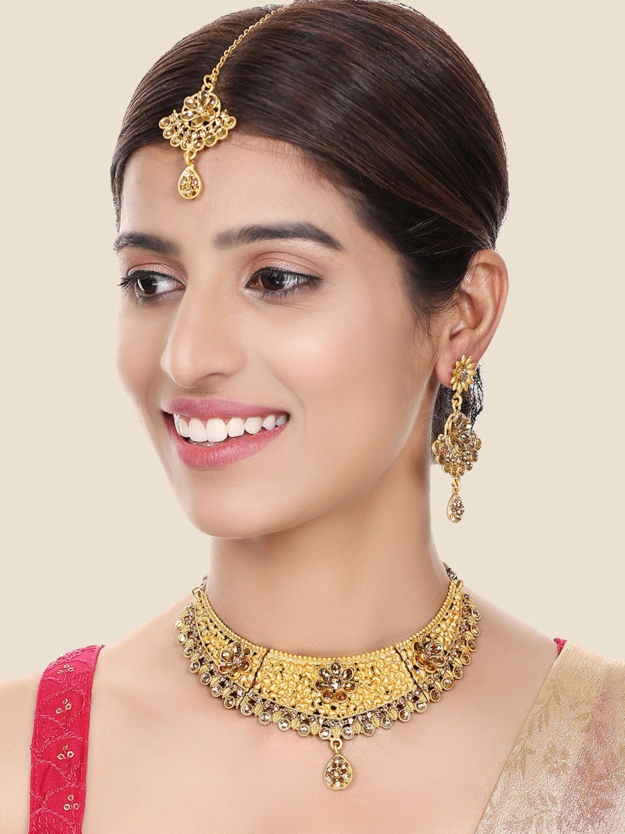 Jewellery Anikas Creation | Designer Gold Plated Traditional Matte Finish Necklace With Earring Maangtika - Anikas Creation Multicolor