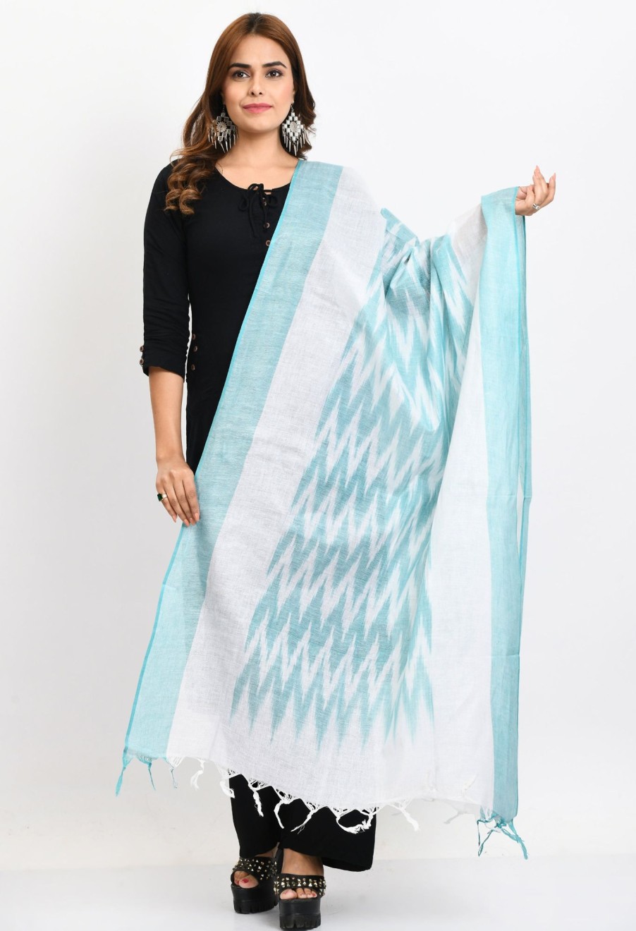 Women Moeza | Women'S Handloom Cotton Ikkat Sea Dupatta - Moeza Green