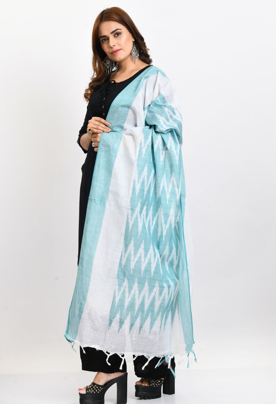 Women Moeza | Women'S Handloom Cotton Ikkat Sea Dupatta - Moeza Green