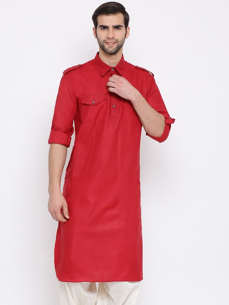 Men Vastramay | Men'S Maroon Cotton Blend Pathani Style Kurta - Vastramay