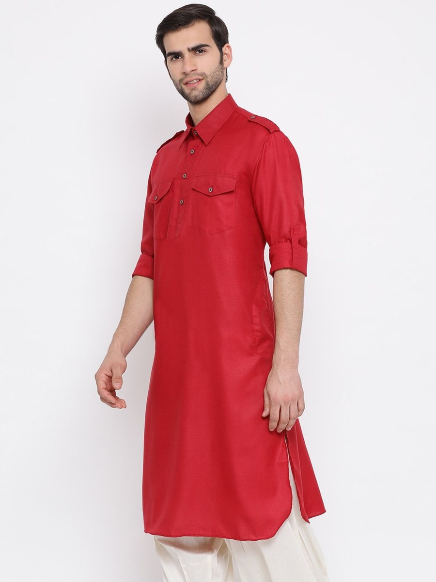 Men Vastramay | Men'S Maroon Cotton Blend Pathani Style Kurta - Vastramay