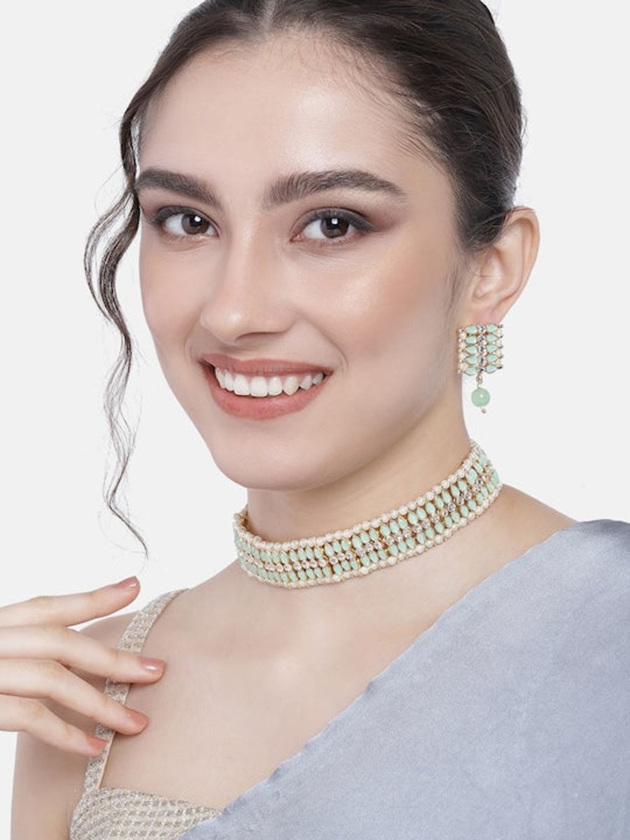 Jewellery I Jewels | Women'S 18K Gold Plated Traditional Peach Pearl U0026 Kundan Studded Choker Necklace Jewellery Set - I Jewels Green