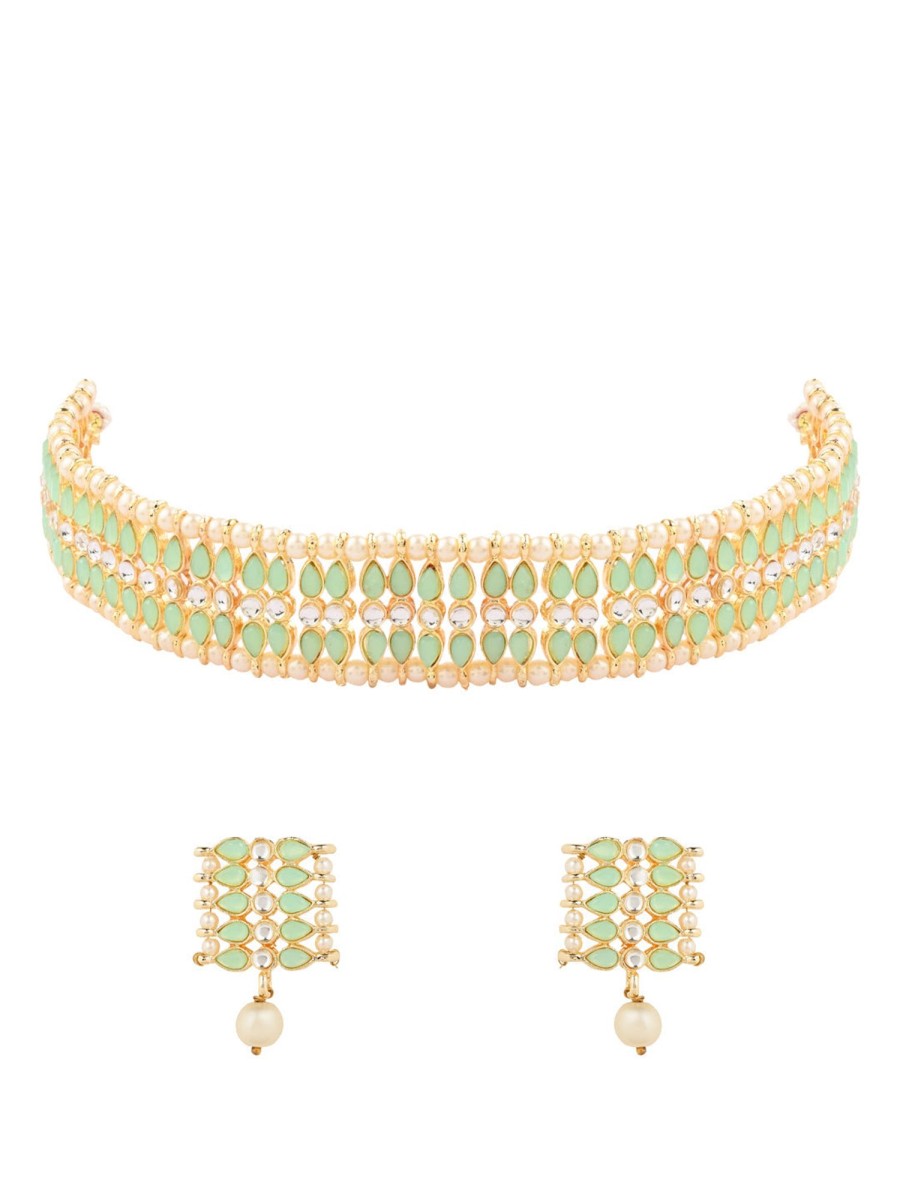 Jewellery I Jewels | Women'S 18K Gold Plated Traditional Peach Pearl U0026 Kundan Studded Choker Necklace Jewellery Set - I Jewels Green