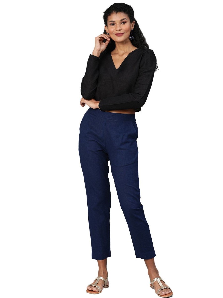 Women NOZ2TOZ | Women'S Blue Cotton Trouser - Noz2Toz