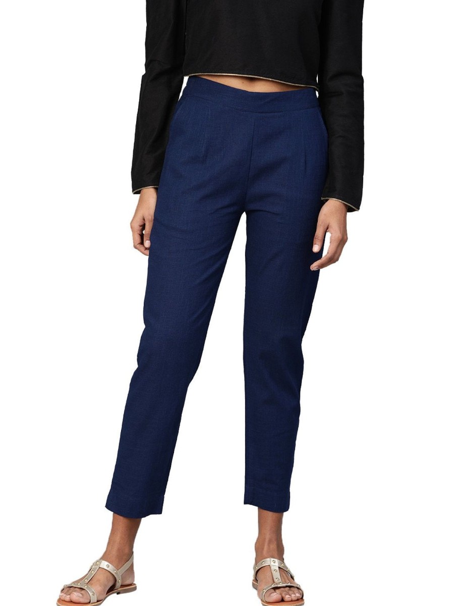 Women NOZ2TOZ | Women'S Blue Cotton Trouser - Noz2Toz