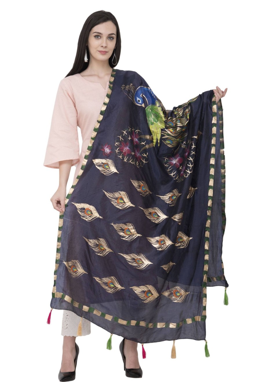 Women AR Silks | A R Silk Silk Peacock Multi Fancy Dupatta Color Dupatta Or Chunni Navy