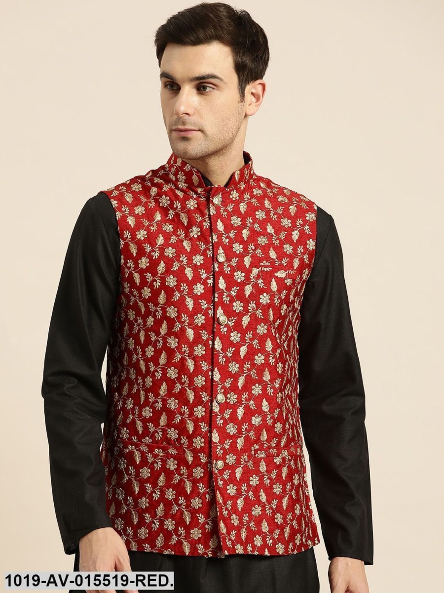 Men Sojanya | Men'S Silk Blend Red U0026 Gold Embroidered Nehru Jacket - Sojanya