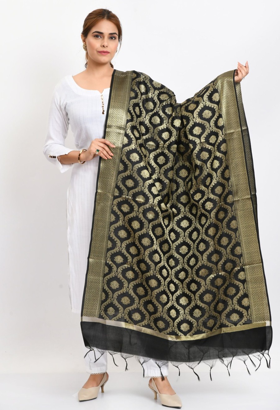 Women Moeza | Women'S Banarsi Silk All Over Woven Design Dupatta - Moeza Black