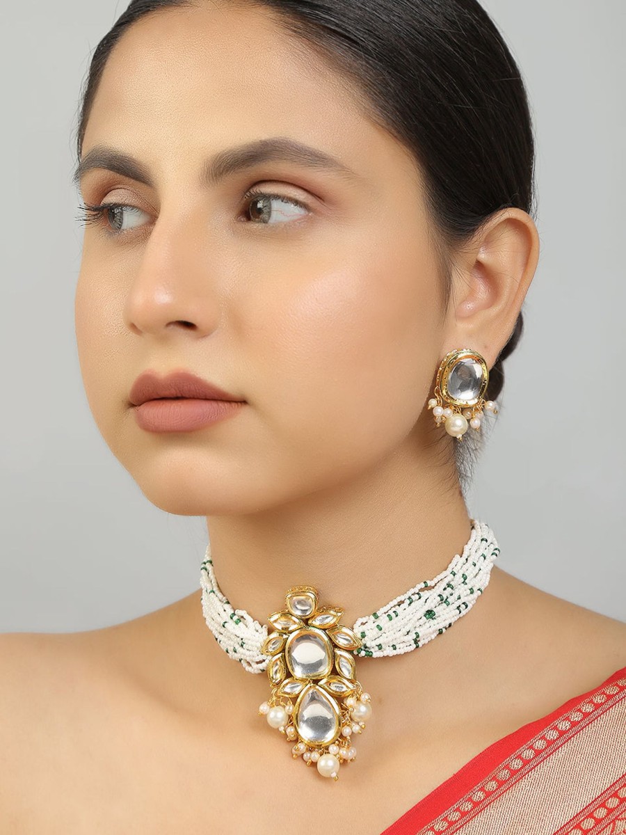 Jewellery Femizen | Women'S Pearl Beaded Kundan Choker Necklace With Earrings - Femizen White