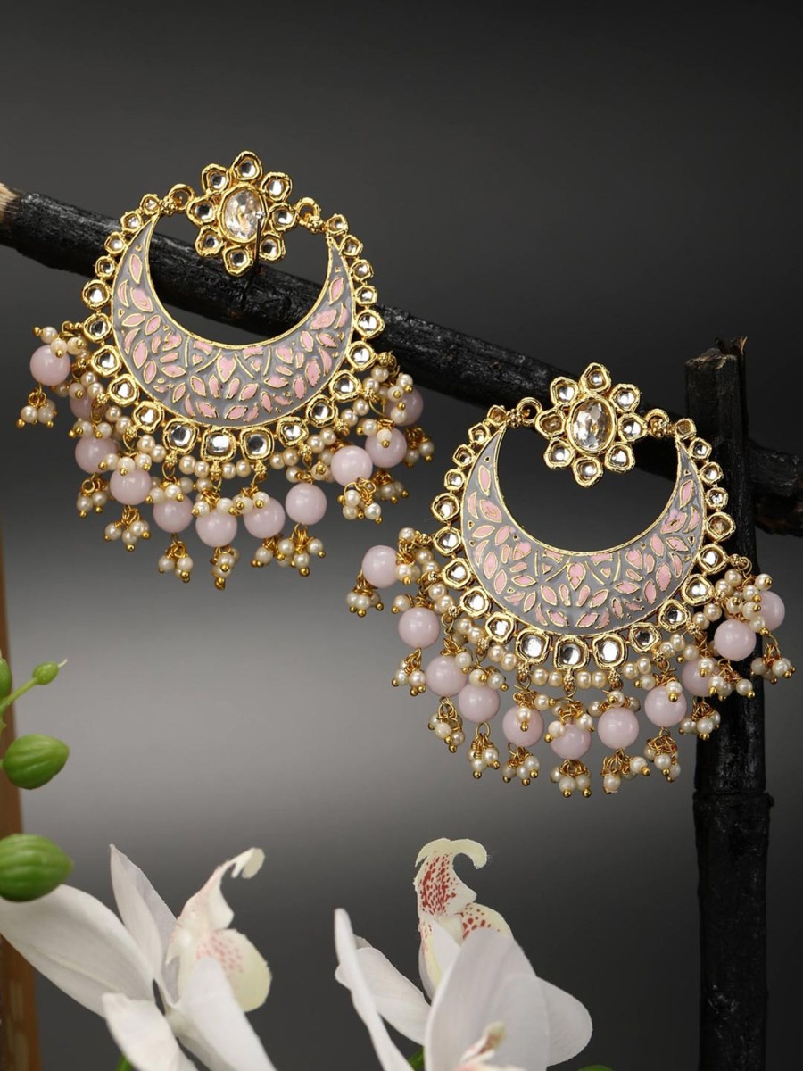 Jewellery Priyaasi | Women'S Pink Pearls Beads Kundan Gold Plated Meenakari Chandbali Earring - Priyaasi