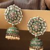 Jewellery Priyaasi | Women'S Gold-Plated Stones Studded Meenakari Jhumka Earrings In Green Color With Pearls Drop - Priyaasi