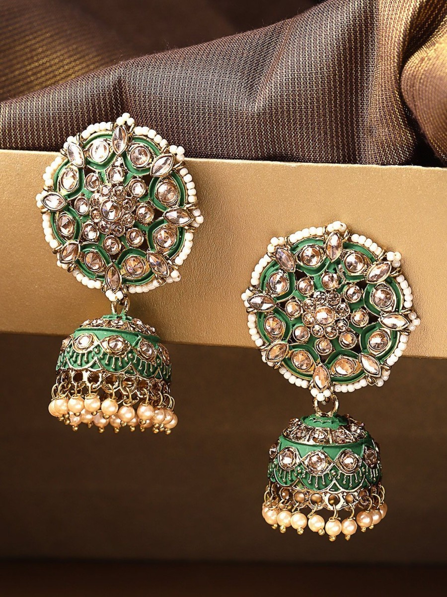 Jewellery Priyaasi | Women'S Gold-Plated Stones Studded Meenakari Jhumka Earrings In Green Color With Pearls Drop - Priyaasi