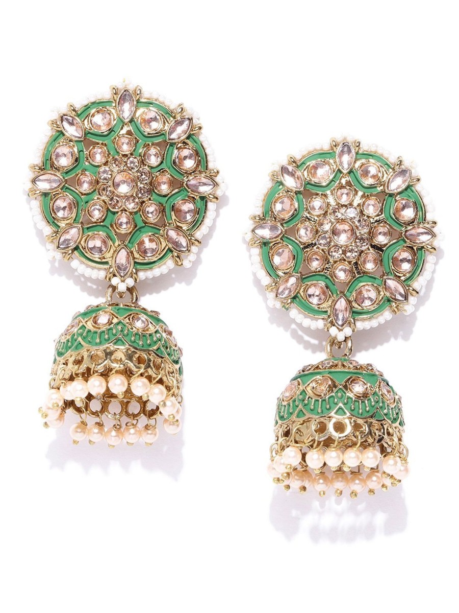 Jewellery Priyaasi | Women'S Gold-Plated Stones Studded Meenakari Jhumka Earrings In Green Color With Pearls Drop - Priyaasi