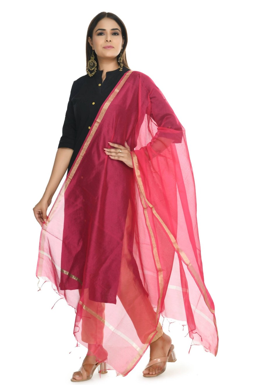 Women Moeza | Women'S Banarsi Chanderi Piping Dupatta Mfd0027 - Moeza Magenta