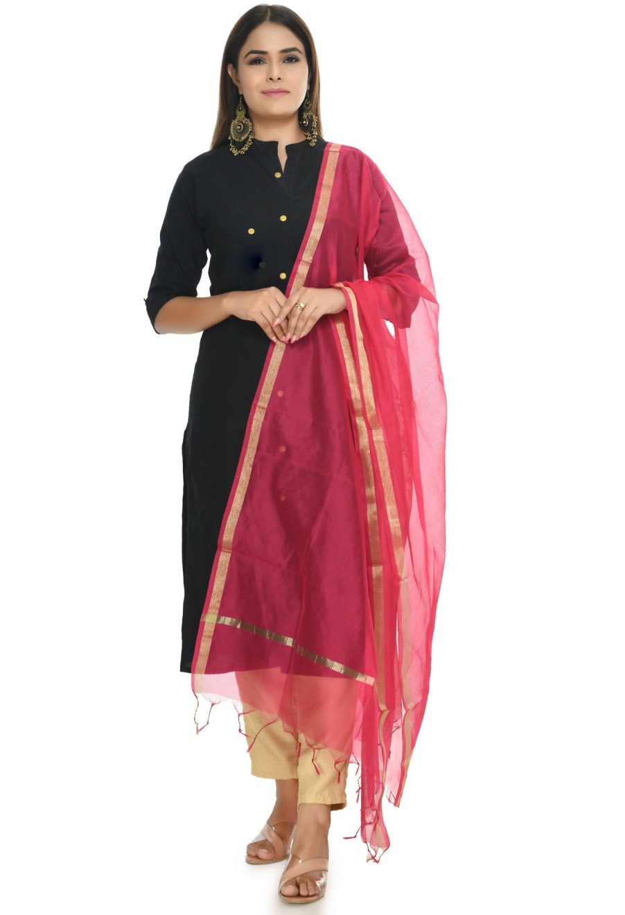 Women Moeza | Women'S Banarsi Chanderi Piping Dupatta Mfd0027 - Moeza Magenta