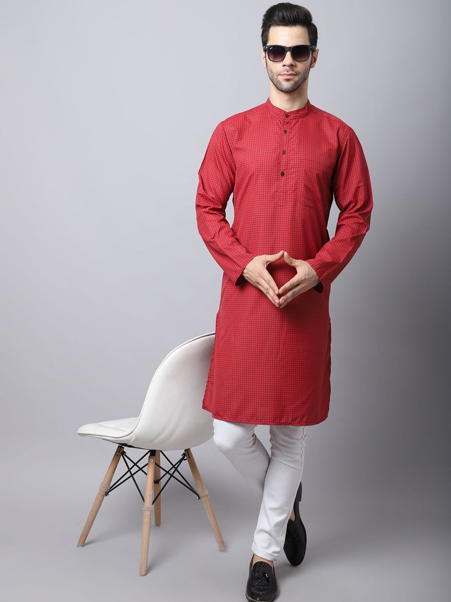 Men Even Apparels | Men'S Checked Kurta With Band Collar - Even Apparels Maroon