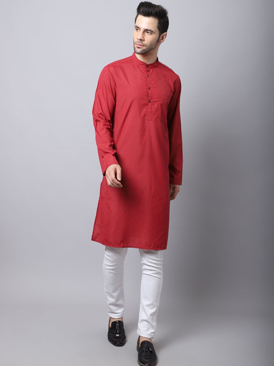 Men Even Apparels | Men'S Checked Kurta With Band Collar - Even Apparels Maroon