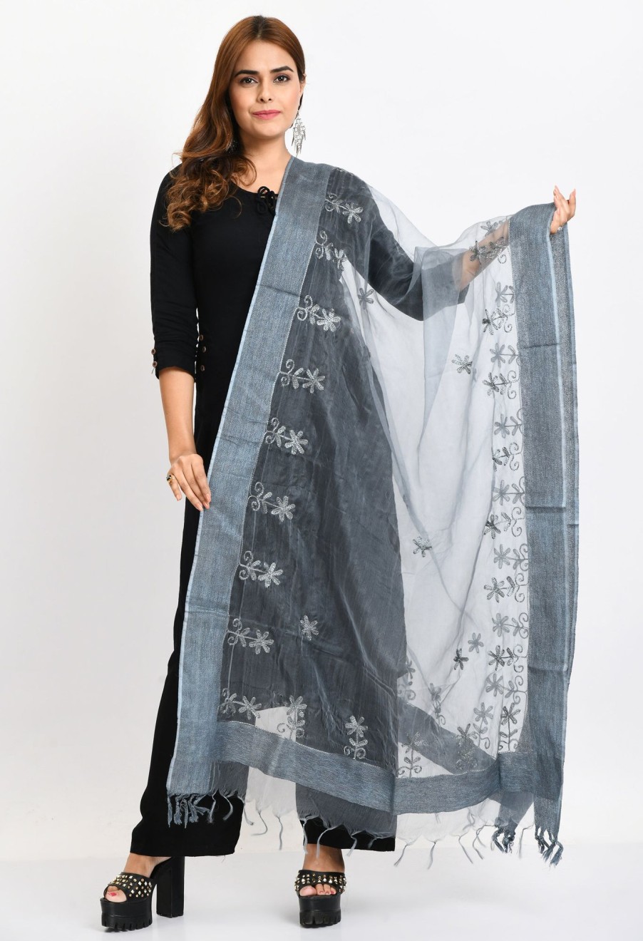 Women Moeza | Women'S Orgenza All Over Chikan Work Dupatta - Moeza Grey