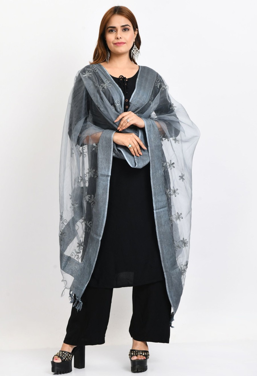 Women Moeza | Women'S Orgenza All Over Chikan Work Dupatta - Moeza Grey