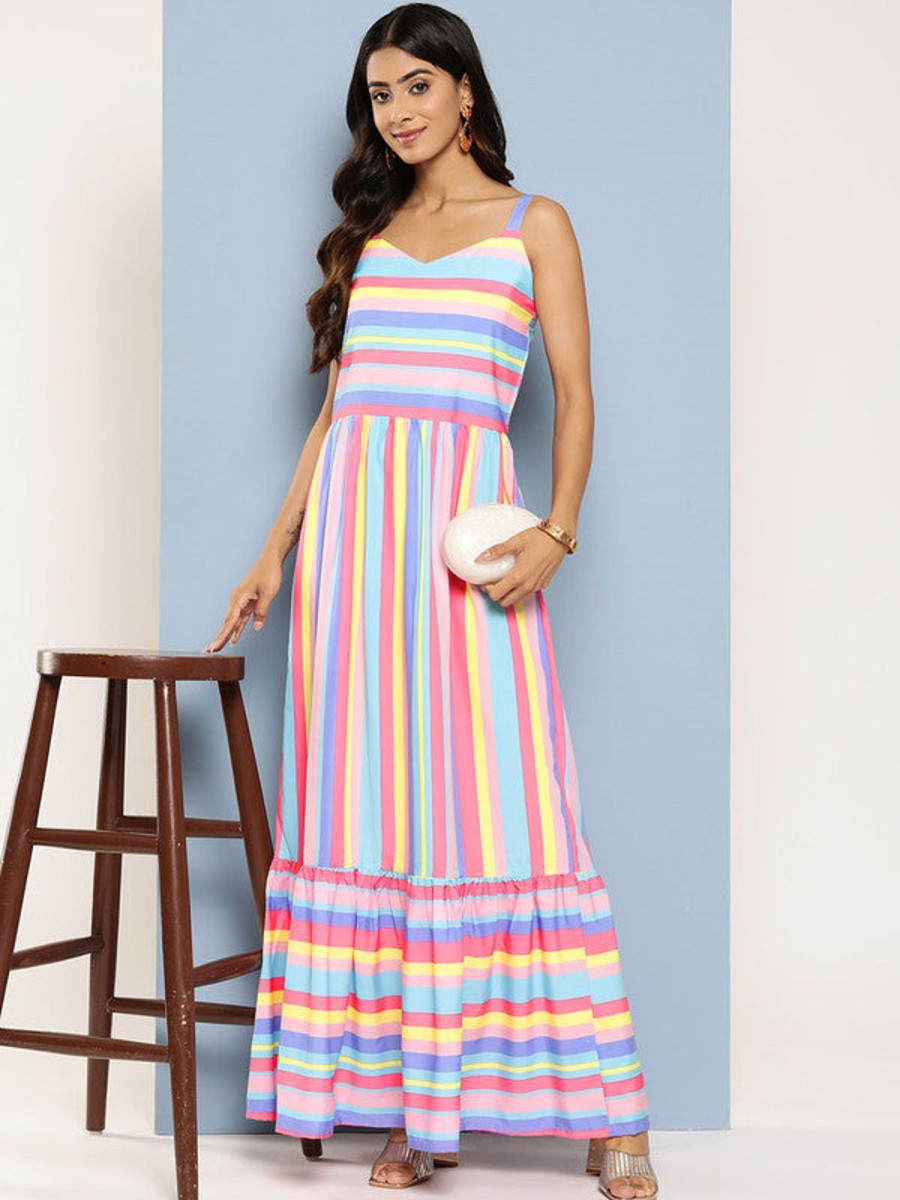 Women Ahalyaa | Women'S Striped Crepe Maxi Ethnic Dress - Ahalyaa Blue