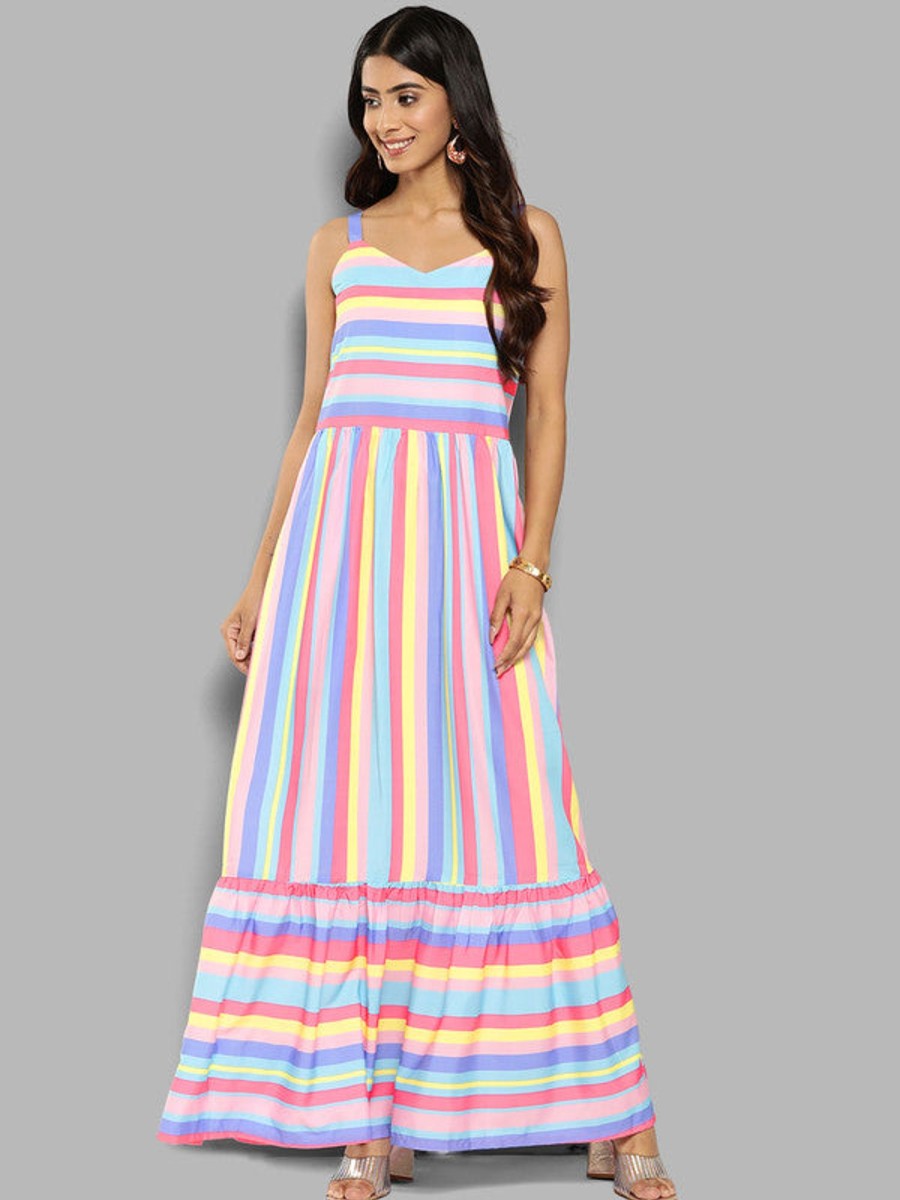 Women Ahalyaa | Women'S Striped Crepe Maxi Ethnic Dress - Ahalyaa Blue