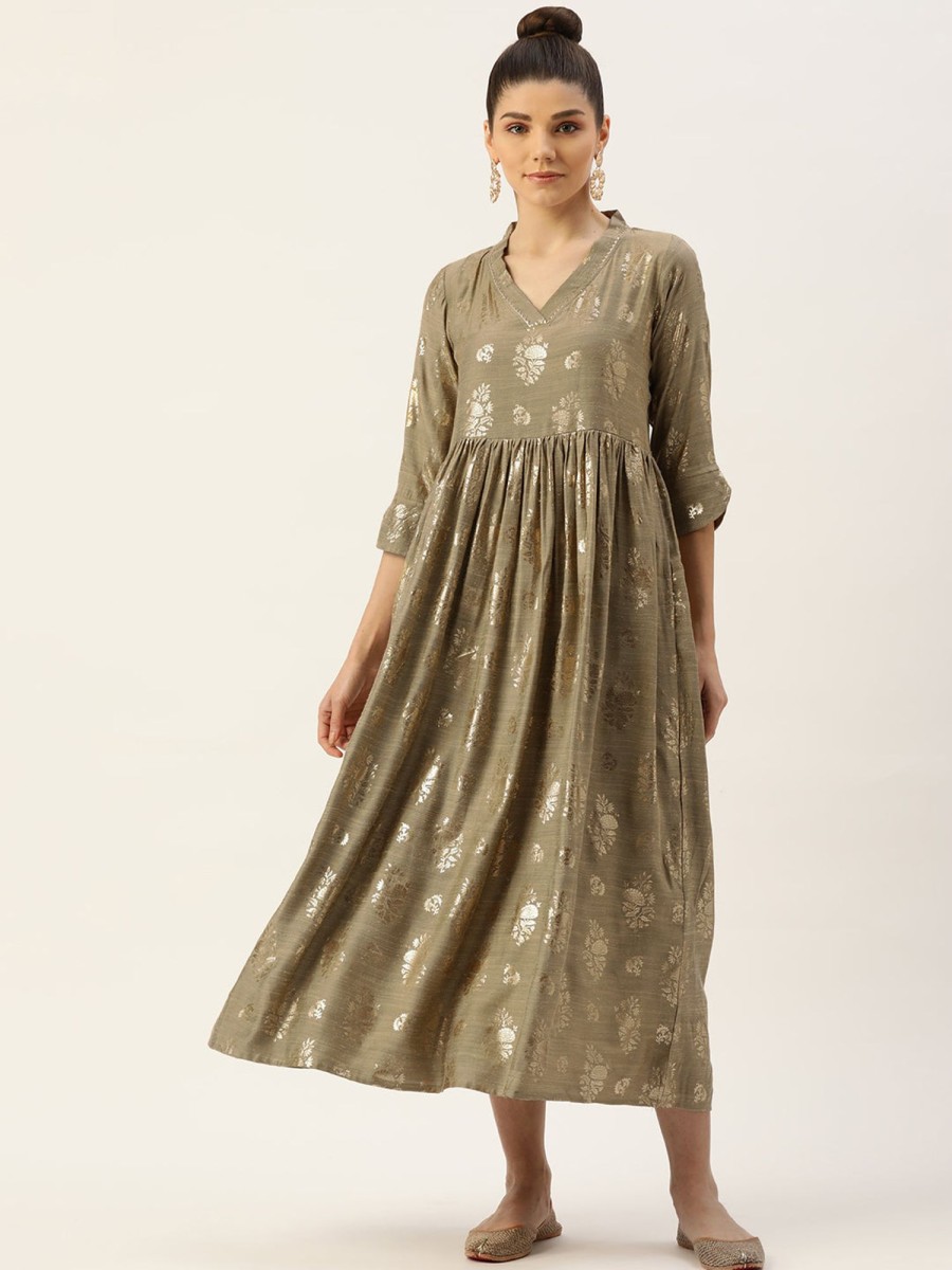 Women Final Clearance Sale | Women'S Color Rayon Blend Foil Printed A-Line Flared Dress - Final Clearance Sale Gold