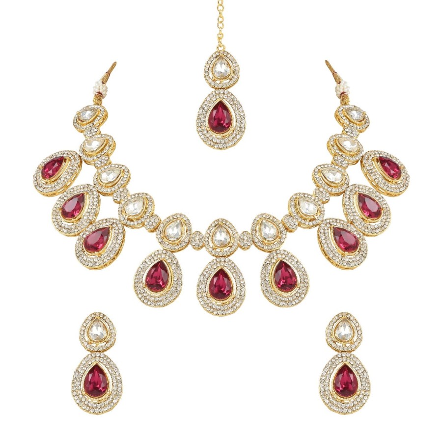 Jewellery I Jewels | Women'S 18K Gold Plated Traditional Kundan U0026 Stone Studded Choker Necklace Jewellery Set With Earrings U0026 Maang Tikka - I Jewels Pink