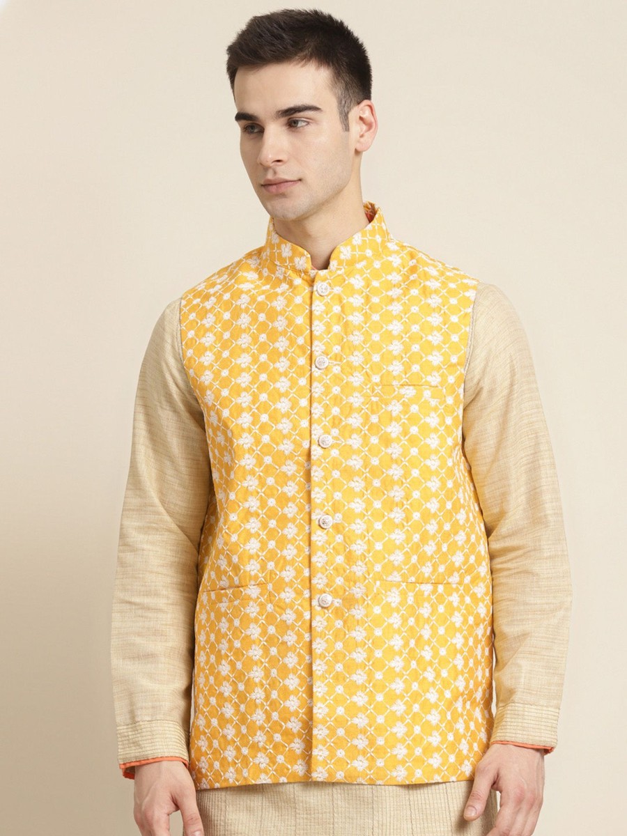 Men Sojanya | Men'S Silk Blend Embroidered Only Nehrujacket - Sojanya Yellow