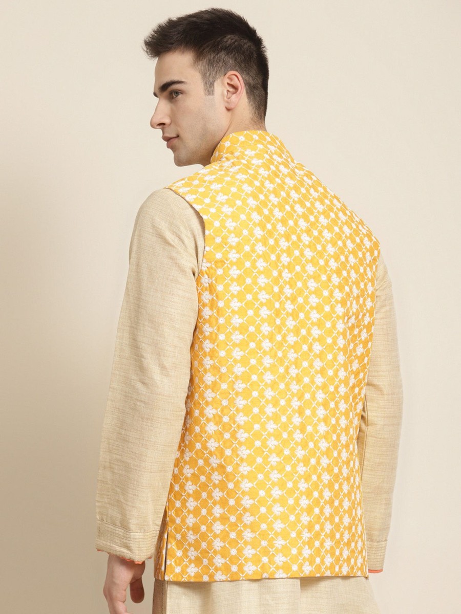 Men Sojanya | Men'S Silk Blend Embroidered Only Nehrujacket - Sojanya Yellow