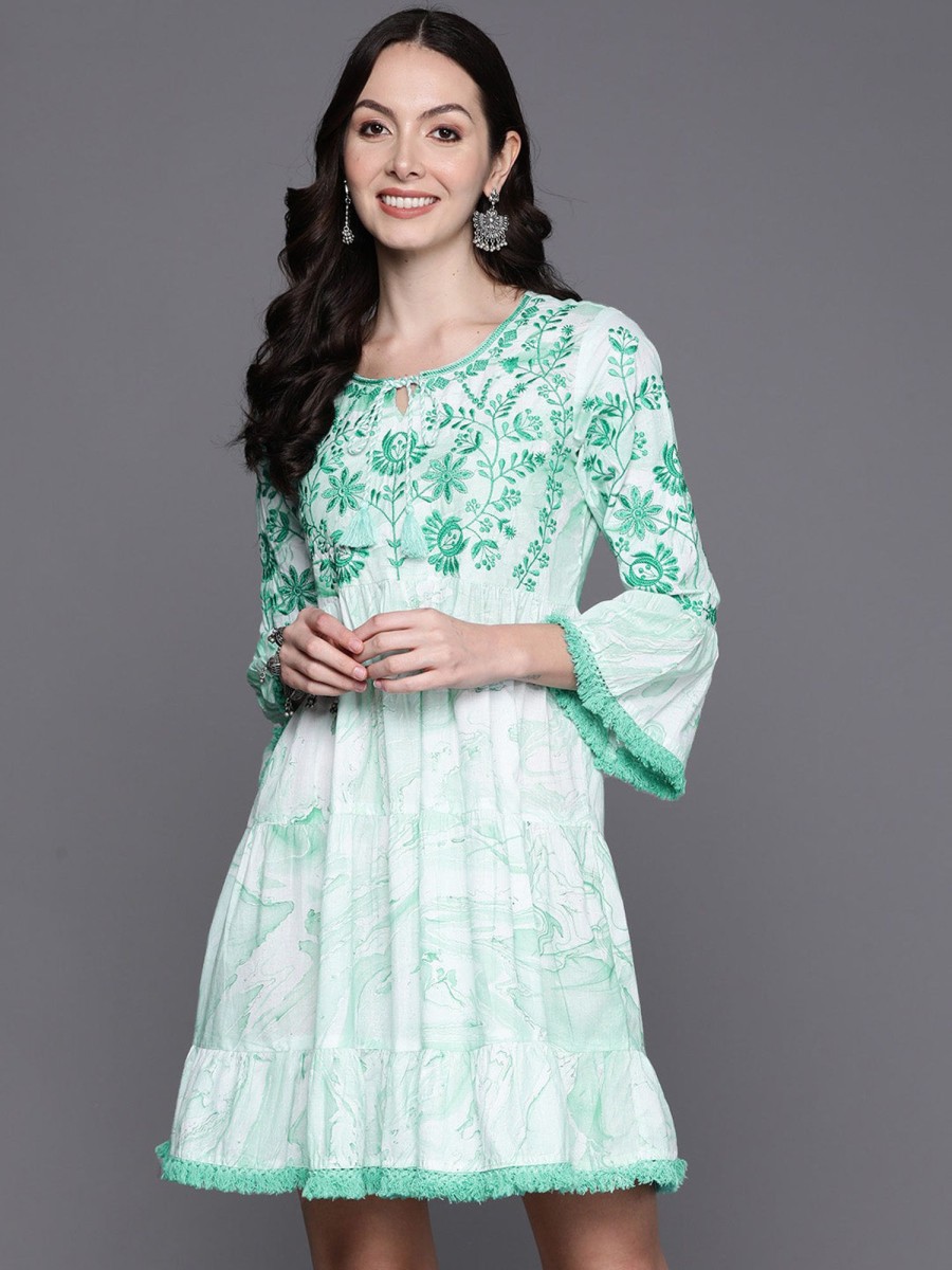 Women Indo Era | Women'S Sea Embroidered A-Line Ethnic Dress - Indo Era Green