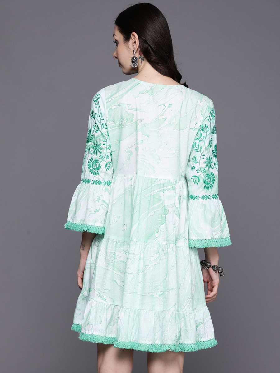 Women Indo Era | Women'S Sea Embroidered A-Line Ethnic Dress - Indo Era Green