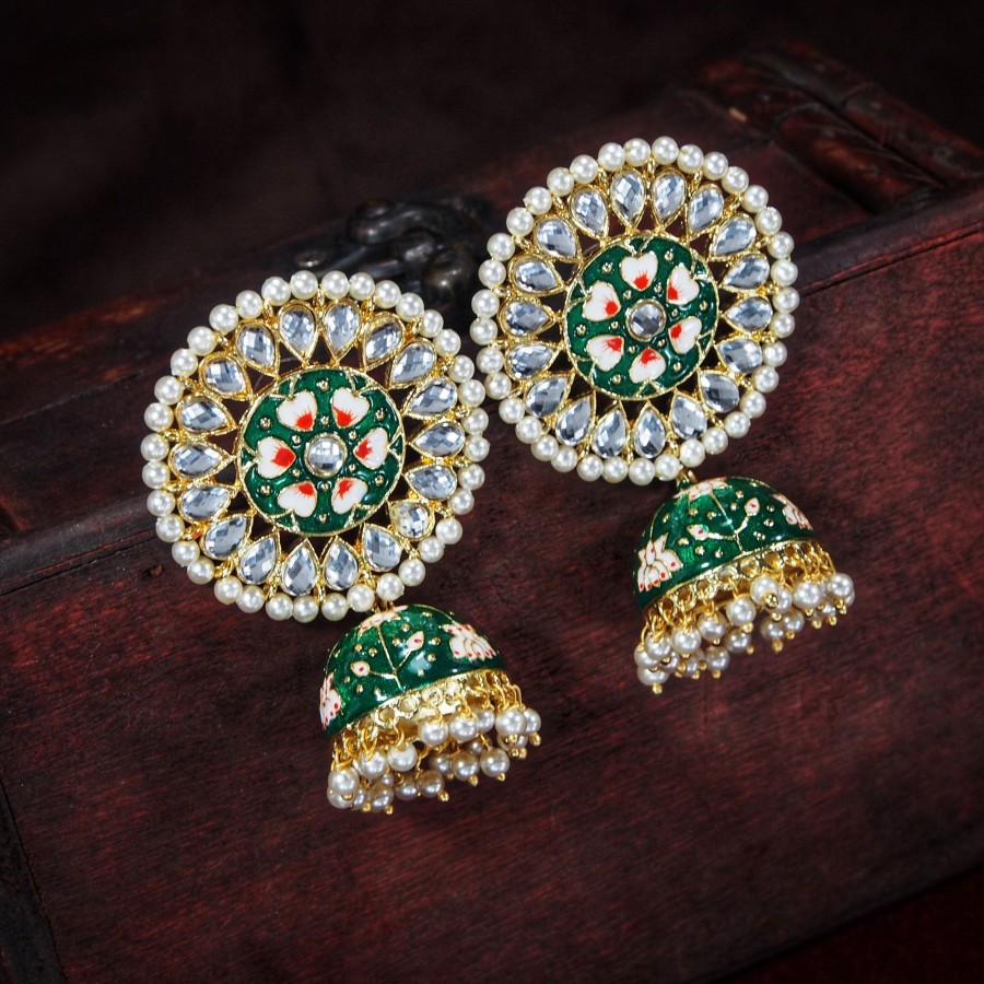 Jewellery I Jewels | Women'S Gold Plated Handcrafted Kundan Pearl Studded Meenakari Jhumki Earring - I Jewels Green