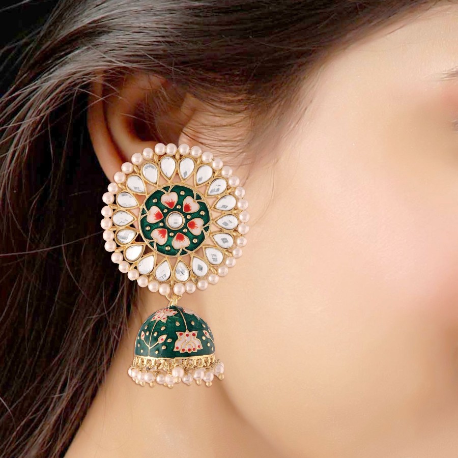 Jewellery I Jewels | Women'S Gold Plated Handcrafted Kundan Pearl Studded Meenakari Jhumki Earring - I Jewels Green