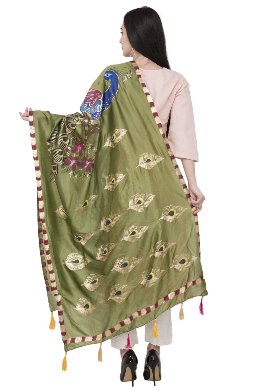 Women AR Silks | A R Silk Silk Peacock Multi Fancy Dupatta Color Dupatta Or Chunni Mehendi Green