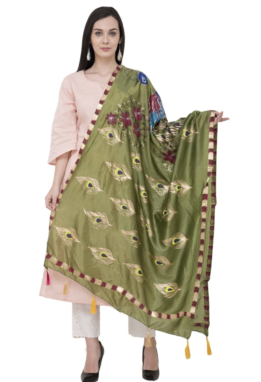 Women AR Silks | A R Silk Silk Peacock Multi Fancy Dupatta Color Dupatta Or Chunni Mehendi Green