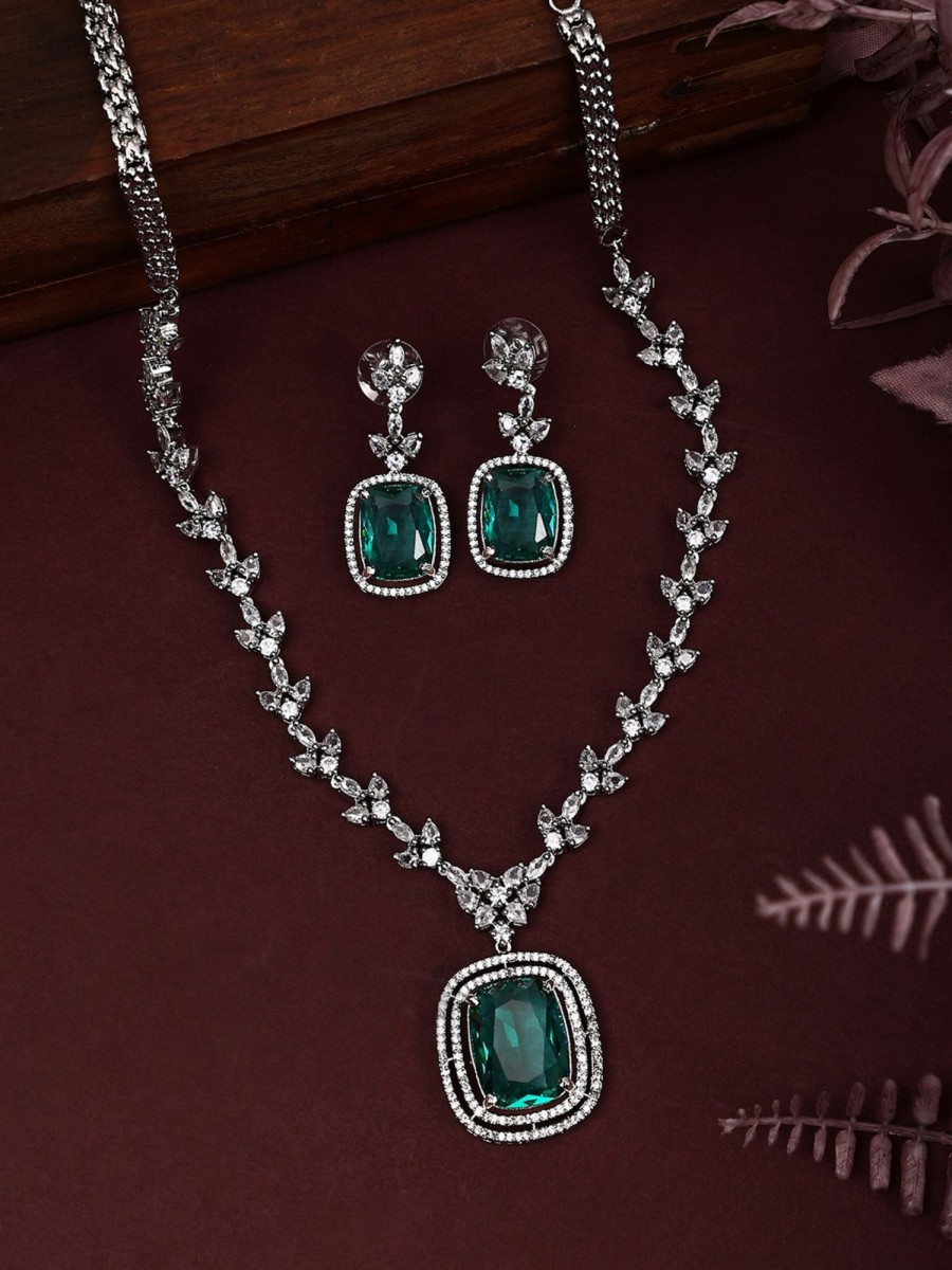 Jewellery Anikas Creation | Stylish American Diamond Green Stone Studded Jewelery Set - Anikas Creation Multicolor