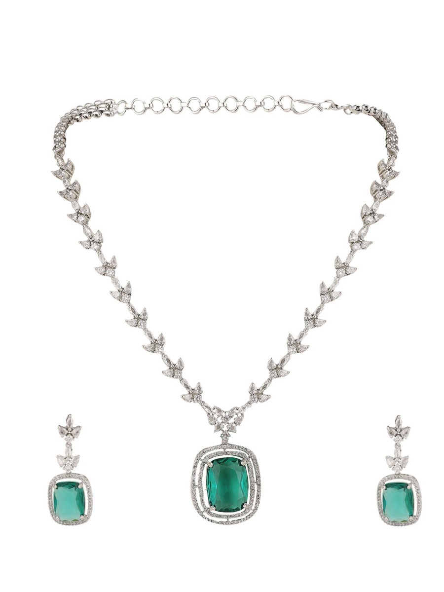 Jewellery Anikas Creation | Stylish American Diamond Green Stone Studded Jewelery Set - Anikas Creation Multicolor