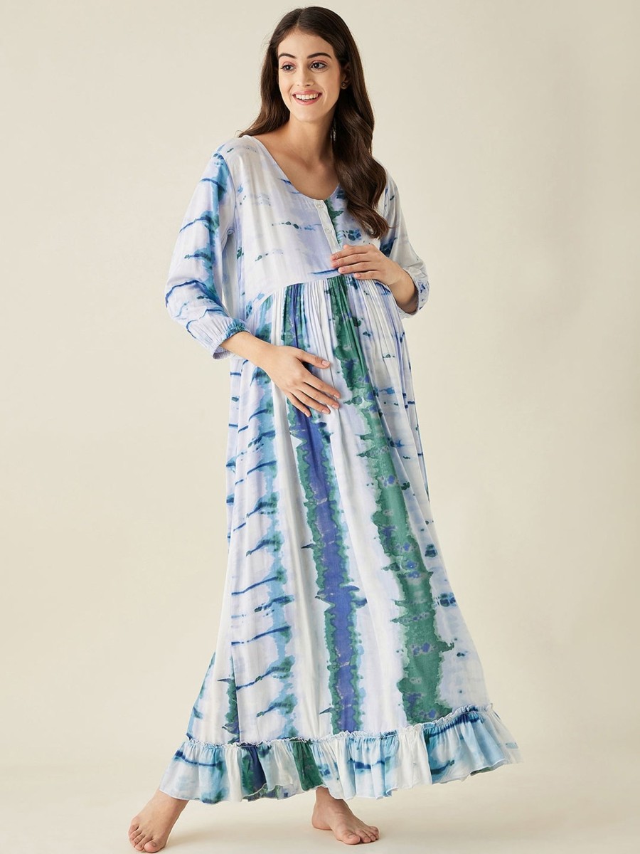 Women The Kaftan Company | White Tie And Dye Maternity Loungedress - The Kaftan Company Blue