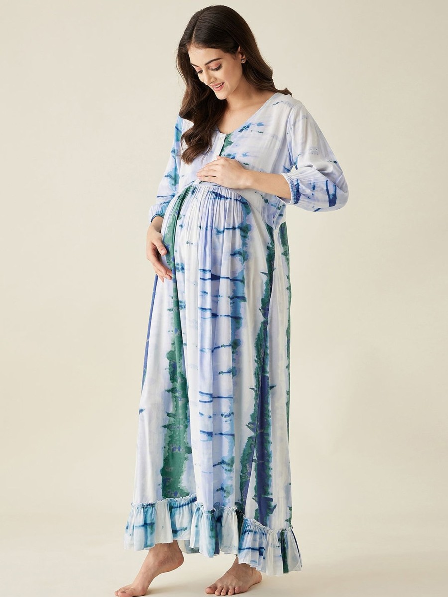 Women The Kaftan Company | White Tie And Dye Maternity Loungedress - The Kaftan Company Blue