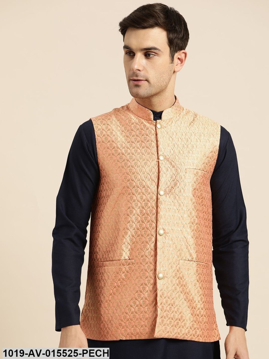 Men Sojanya | Men'S Silk Blend Peach U0026 Gold Self Design Nehru Jacket - Sojanya