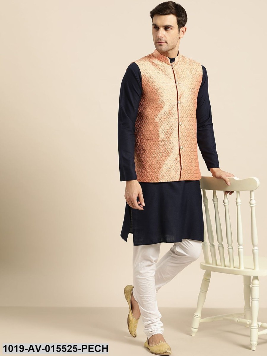 Men Sojanya | Men'S Silk Blend Peach U0026 Gold Self Design Nehru Jacket - Sojanya