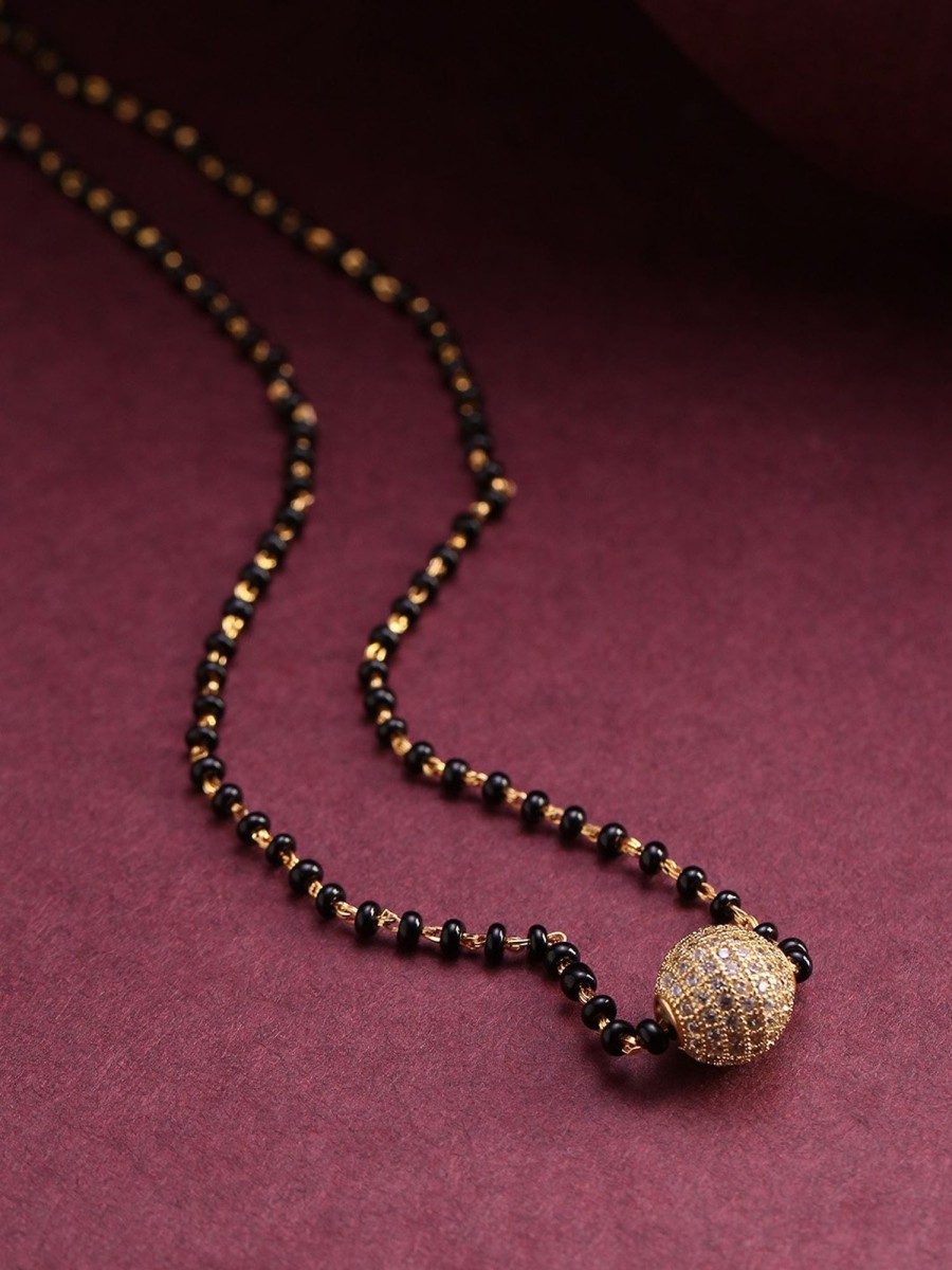 Jewellery Priyaasi | Women'S Gold-Plated Ad Studded Spherical Pendant Black Beaded Chain Mangalsutra - Priyaasi